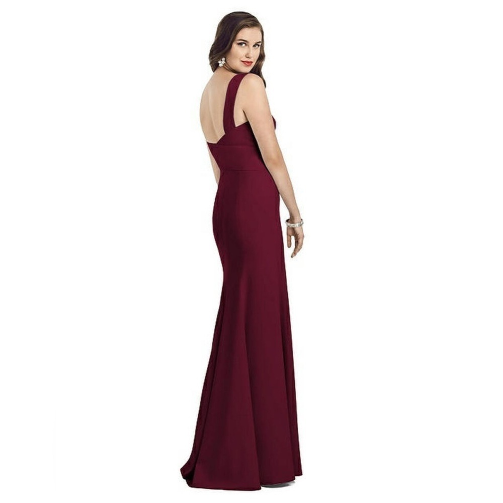 Dessy Collection vneck open back trumpet maroon red long maxi formal dress gown - Picture 2 of 9